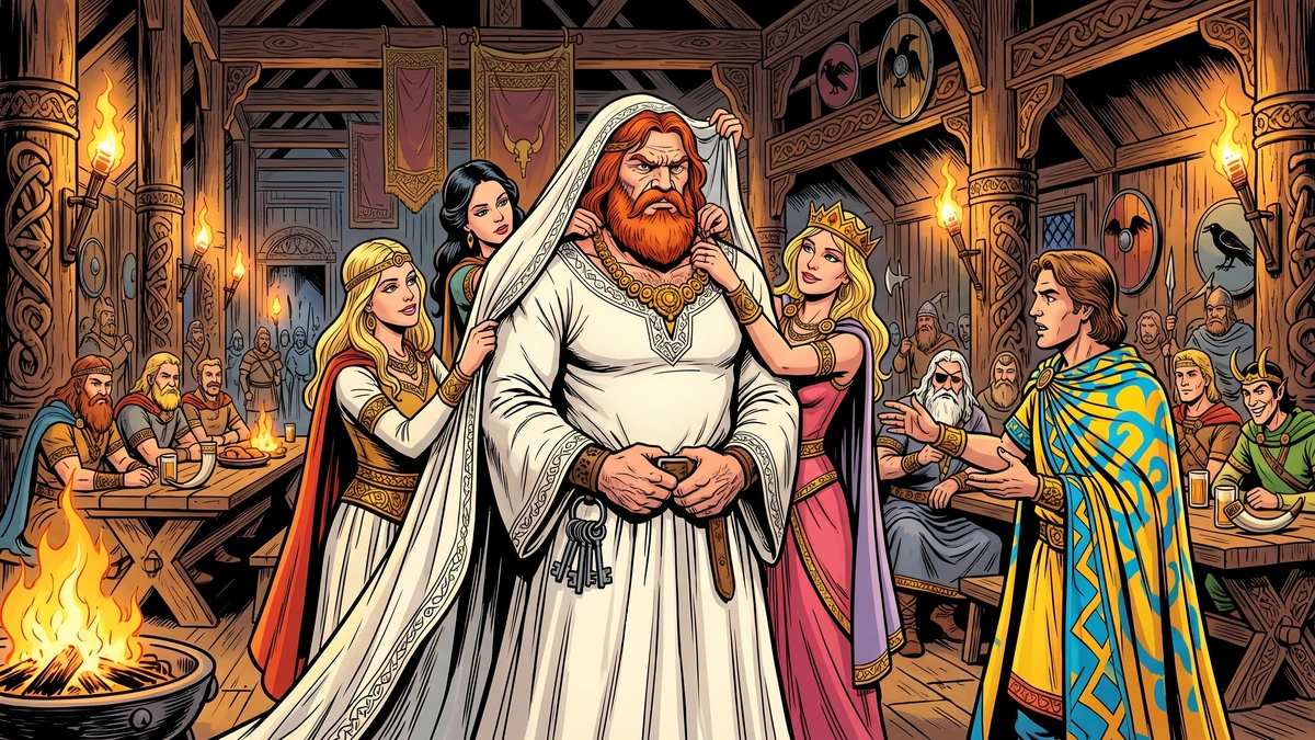 The Norse gods dress Thor as a bride while Heimdallr directs the plan, vibrant Amar Chitra Katha style