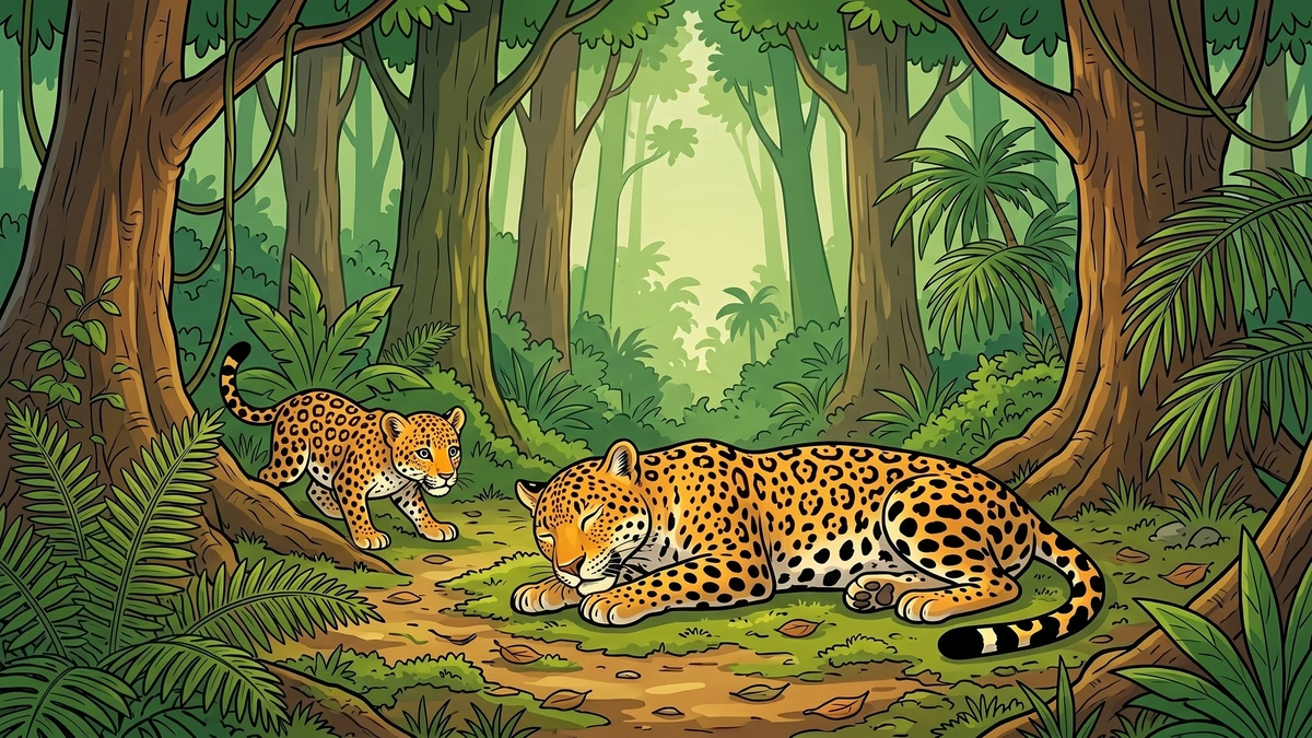 The leopard lies still feigning death in a forest clearing while its cub watches from the ferns