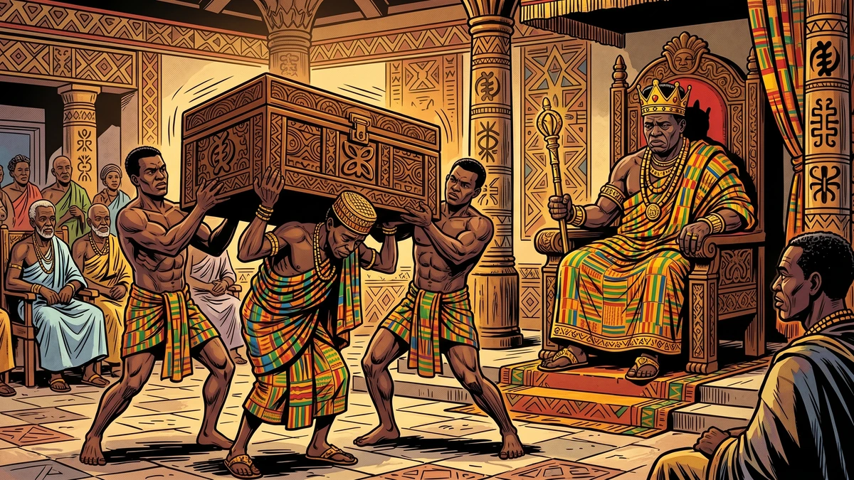 Anansi stands condemned before the Akan King's court as the enchanted box is placed upon his head