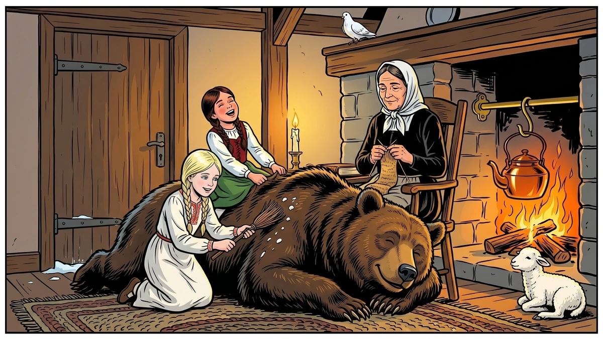 Snow-White sweeps snow from the bear's fur while Rose-Red rides on his back by the firelit hearth, KHM 161, Amar Chitra Katha style illustration