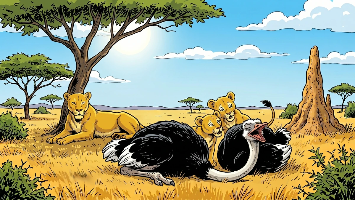 Two lion cubs peering curiously into the open beak of a sleeping ostrich while the lioness rests in the shade