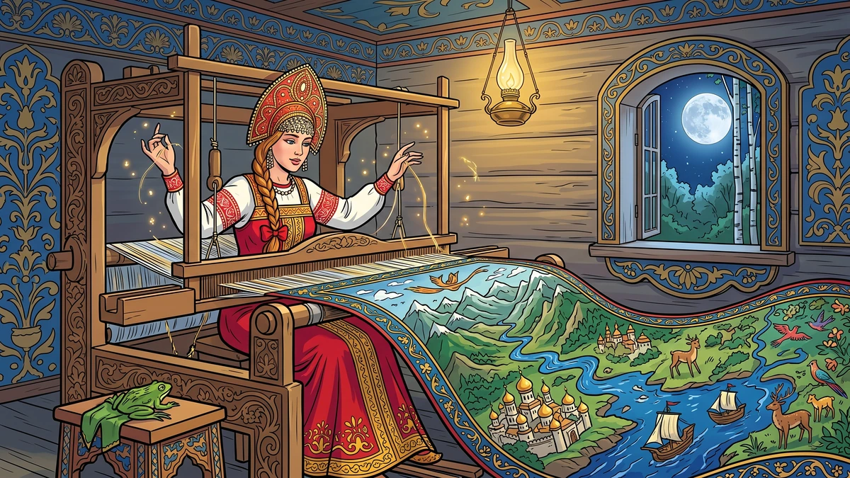 Vasilisa Premudraya at the great wooden loom weaving the carpet that shows the kingdoms of the world, Russian folk tale ACK illustration