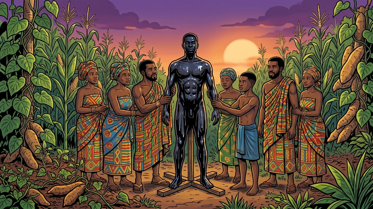 Akan villagers and Anansi son set up the sticky rubber-man trap among the crop rows at dusk