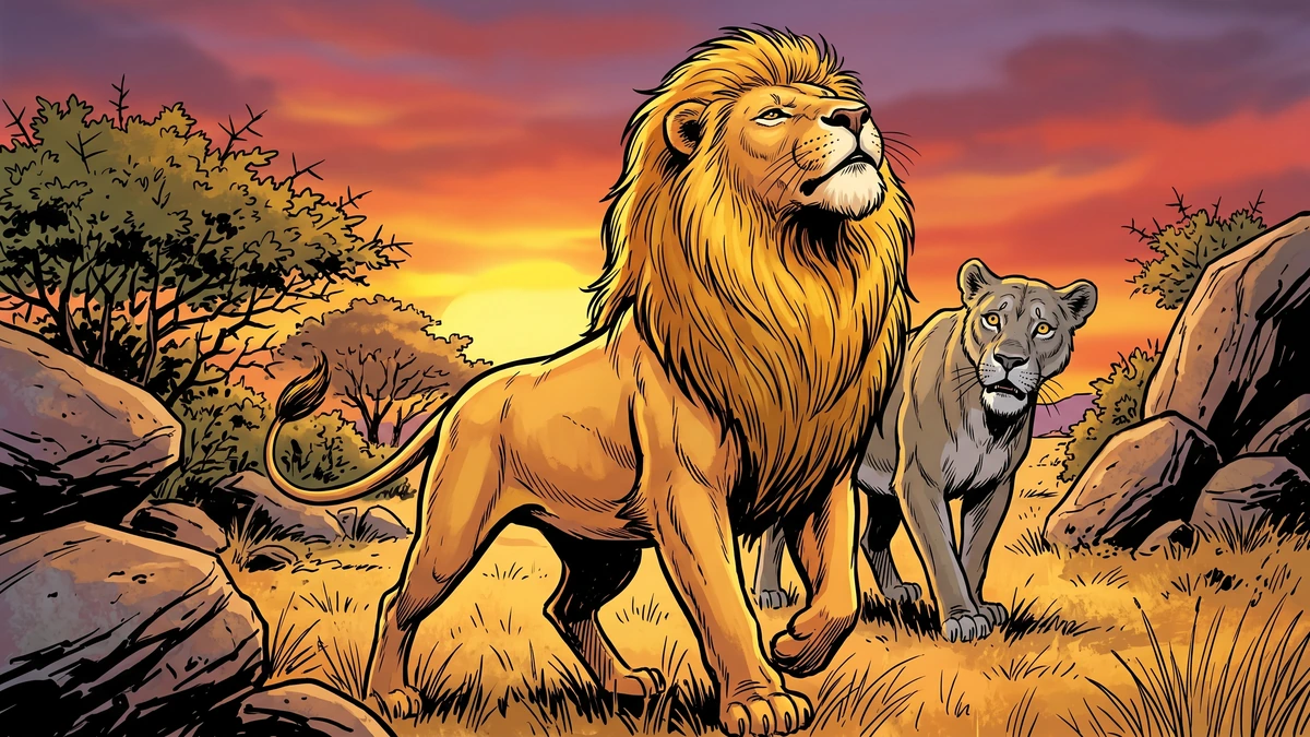 The proud young lion tosses his maned head at sunset while his worried mother watches from behind.