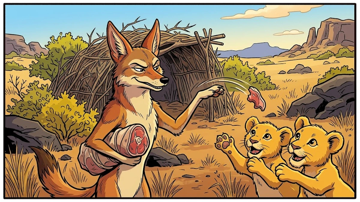 The jackal contemptuously flings poor scraps of meat to the lion's hungry cubs
