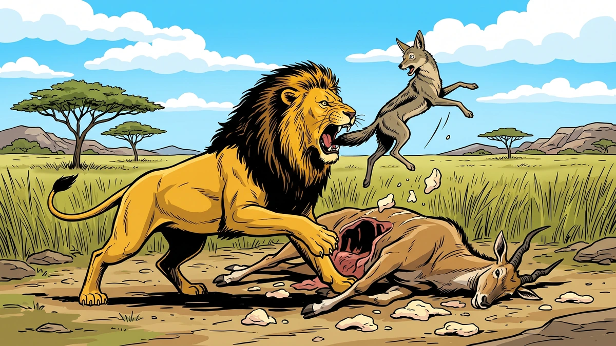 A furious lion swings a startled jackal by the tail, pulling him out of an opened eland carcass on the savanna