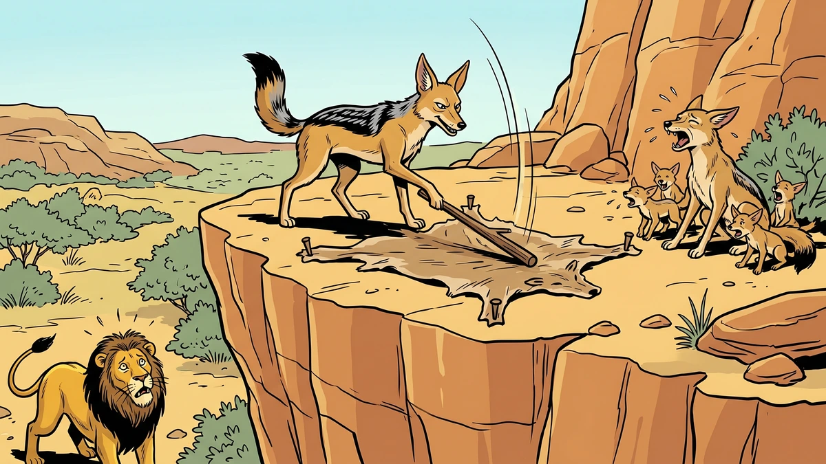 ACK-style illustration of a jackal on a clifftop beating a dry hide as a lion watches from below