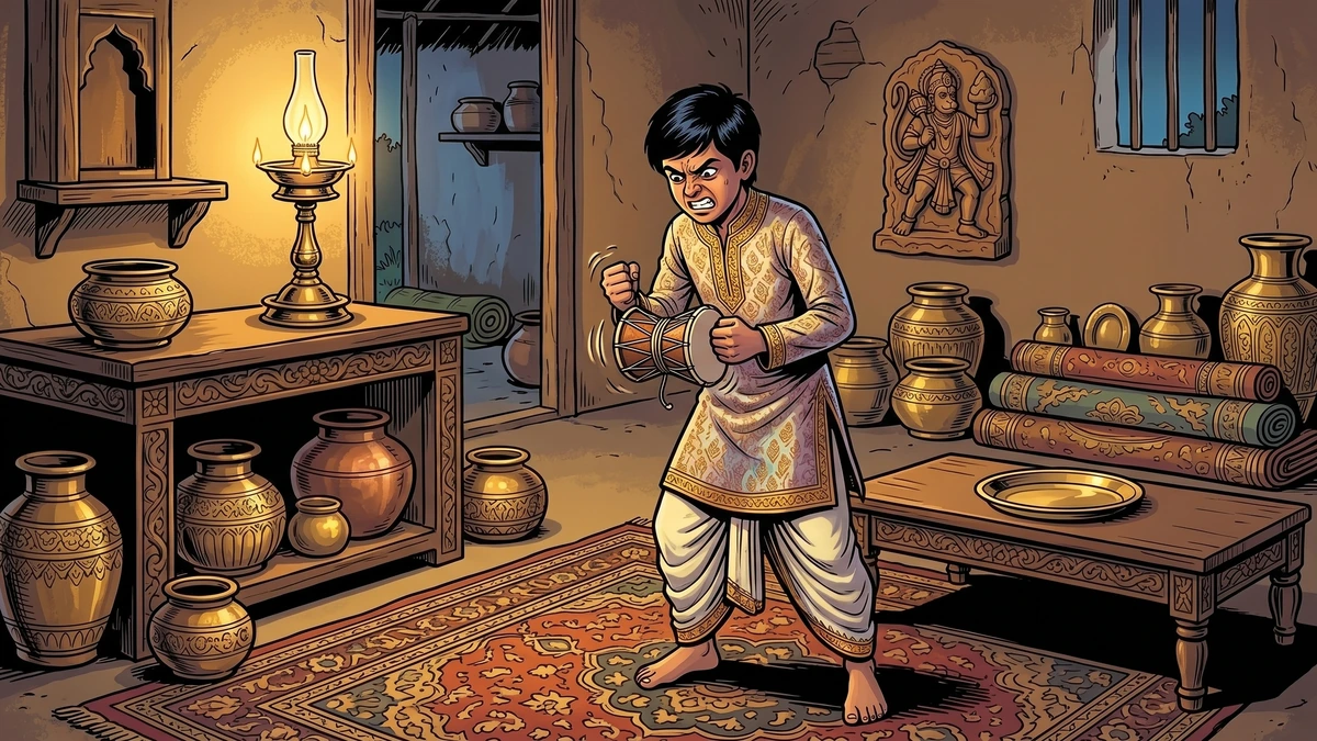 Kailash the headman's son shakes the damaru drum in frustration in a richly furnished Indian village house