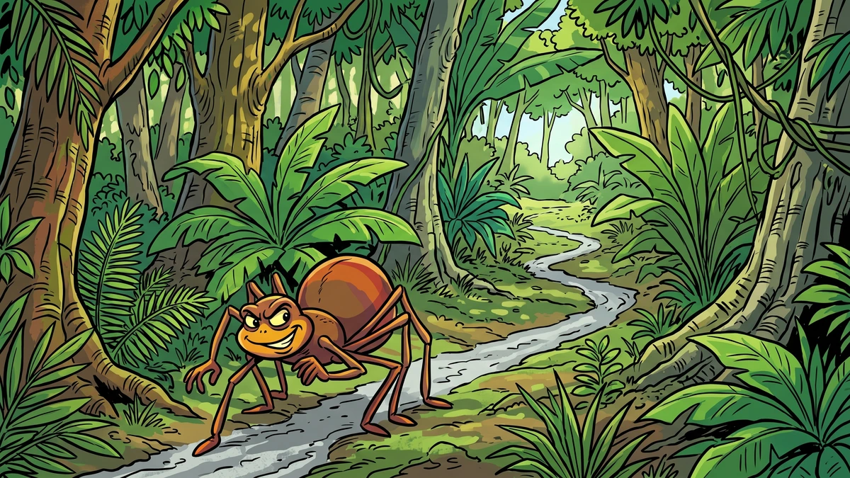 Anansi the spider following the trail of ashes through the rainforest to the magic stone, West African folk tale, vibrant ACK style