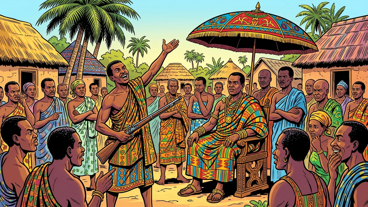 The Akan hunter boasting about the singing tortoise before the chief and a skeptical village assembly, West African folk tale, vibrant ACK style