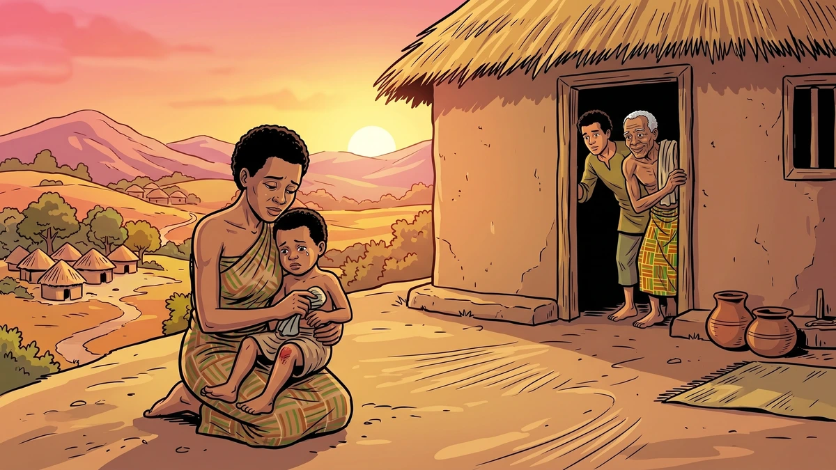 A tired mother kneels at sunset to tenderly comfort her child's scraped knee as the Elder and seeker watch, ACK-style folk-tale illustration.