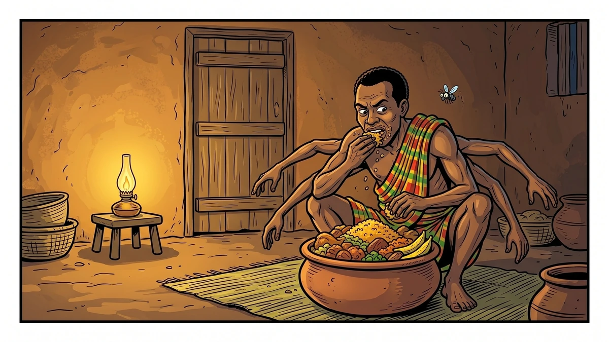 Anansi eats secretly from the magic pot in a locked room while his son, disguised as a fly, watches, in the Akan folk tale Thunder and Anansi.