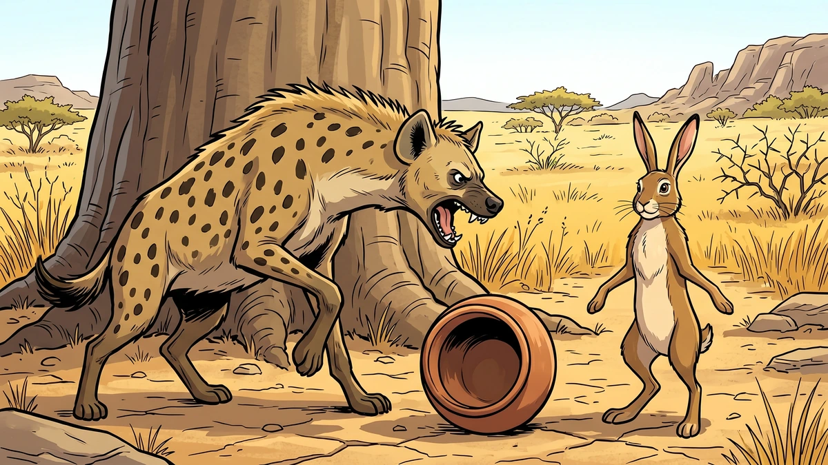 The hyena howls with rage over the empty clay pot while the hare stands by with an innocent expression