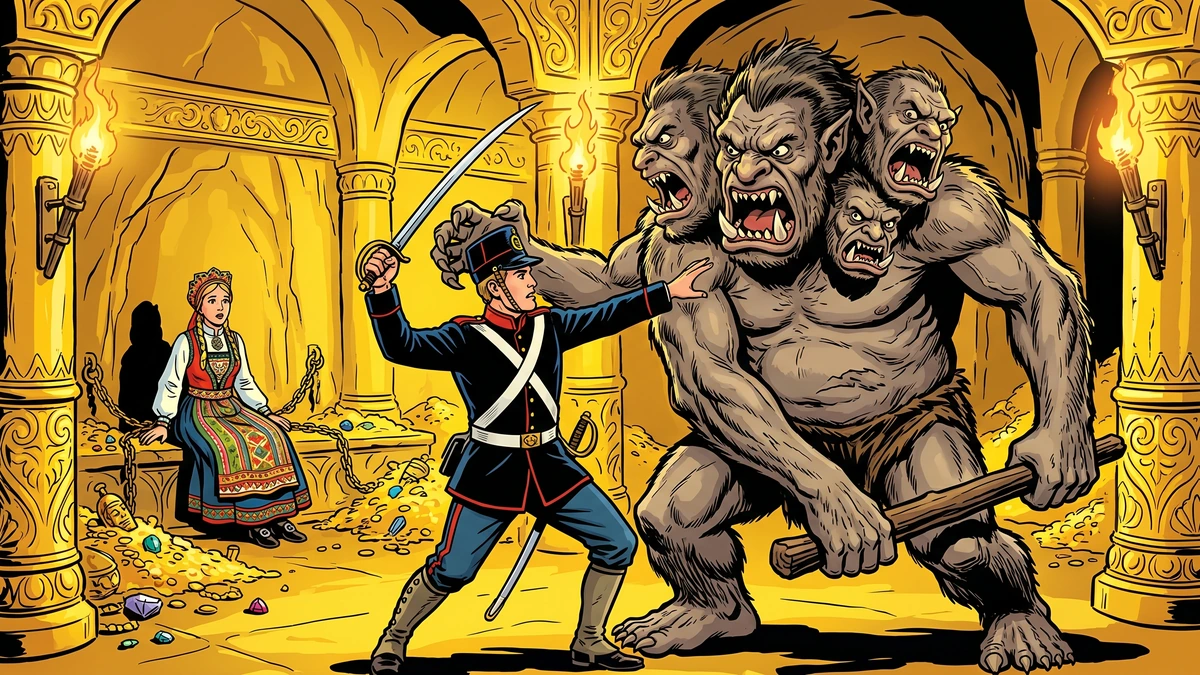 The soldier hero battling a giant many-headed troll in a gleaming golden underground hall as a captive princess watches with hope - Norwegian wonder-tale, ACK style