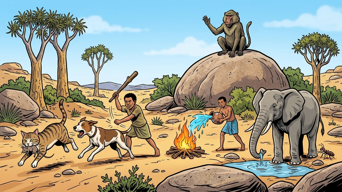 Baboon’s judgment in motion: a cascade of punishment runs across the veld as cat bites mouse, dog bites cat, fire burns wood and water quenches fire.