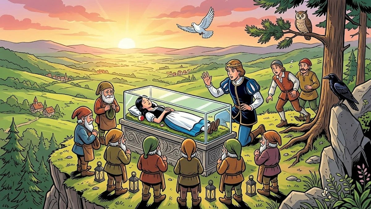 Snowdrop scene 4: the awakening on the Hessian mountain ledge, glass coffin jolts loose the apple, prince and seven dwarfs around, dove and raven, sunset