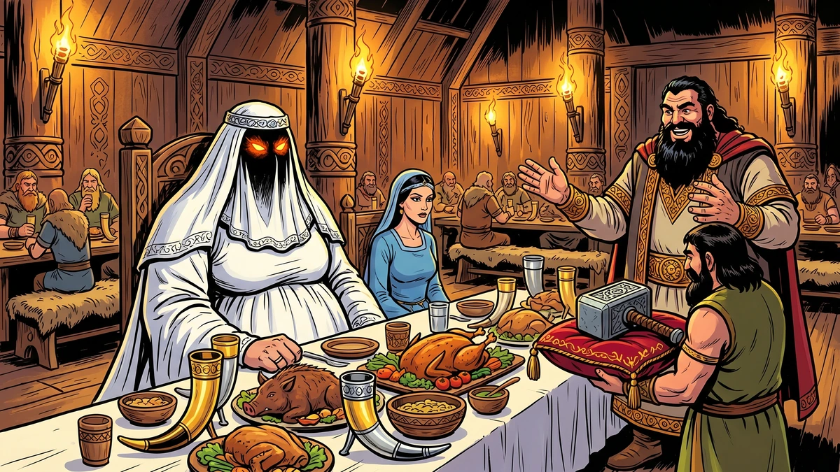 The veiled Thor at the wedding feast as the hammer is carried in to hallow the bride, vibrant Amar Chitra Katha style