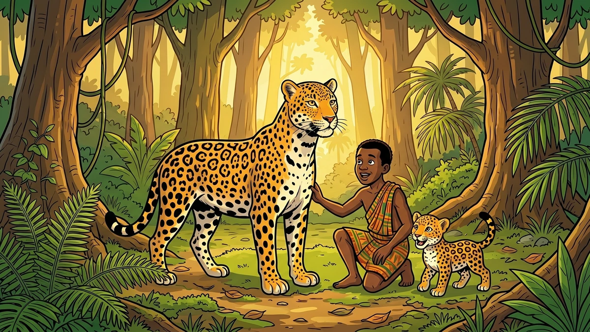 At golden sunrise the leopard rises alive and the astonished Akan hunter kneels in joy beside it