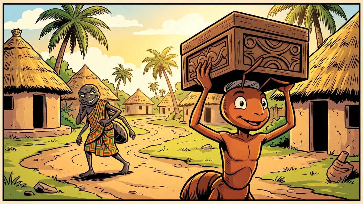 The honest Ant, an anthropomorphic figure, takes the enchanted box onto his head as Anansi slips away