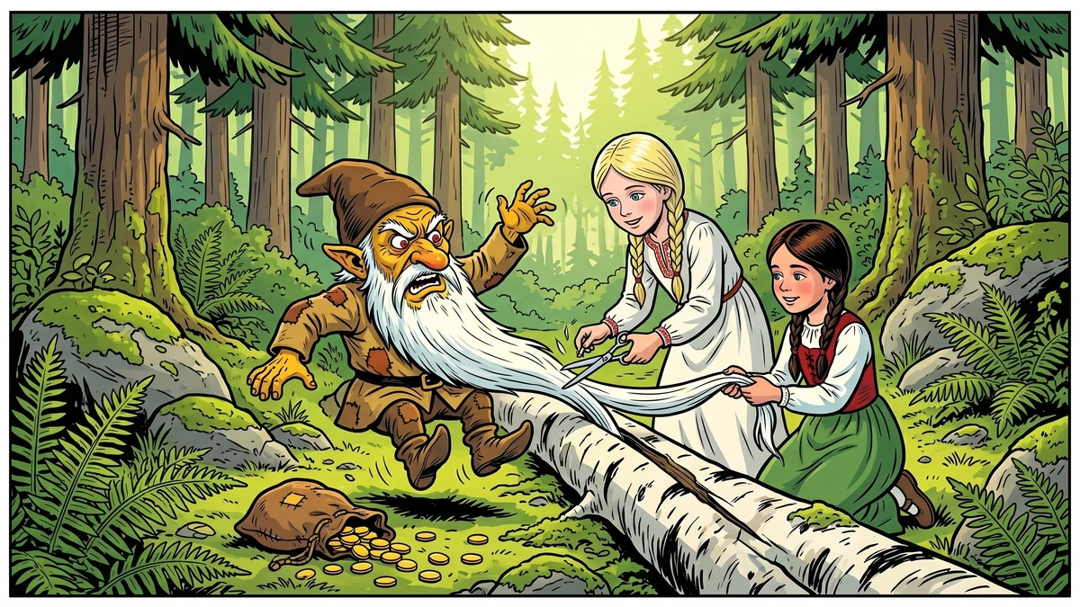 The ungrateful dwarf with his white beard caught in a split tree-trunk while Snow-White cuts him free, KHM 161, Amar Chitra Katha style illustration