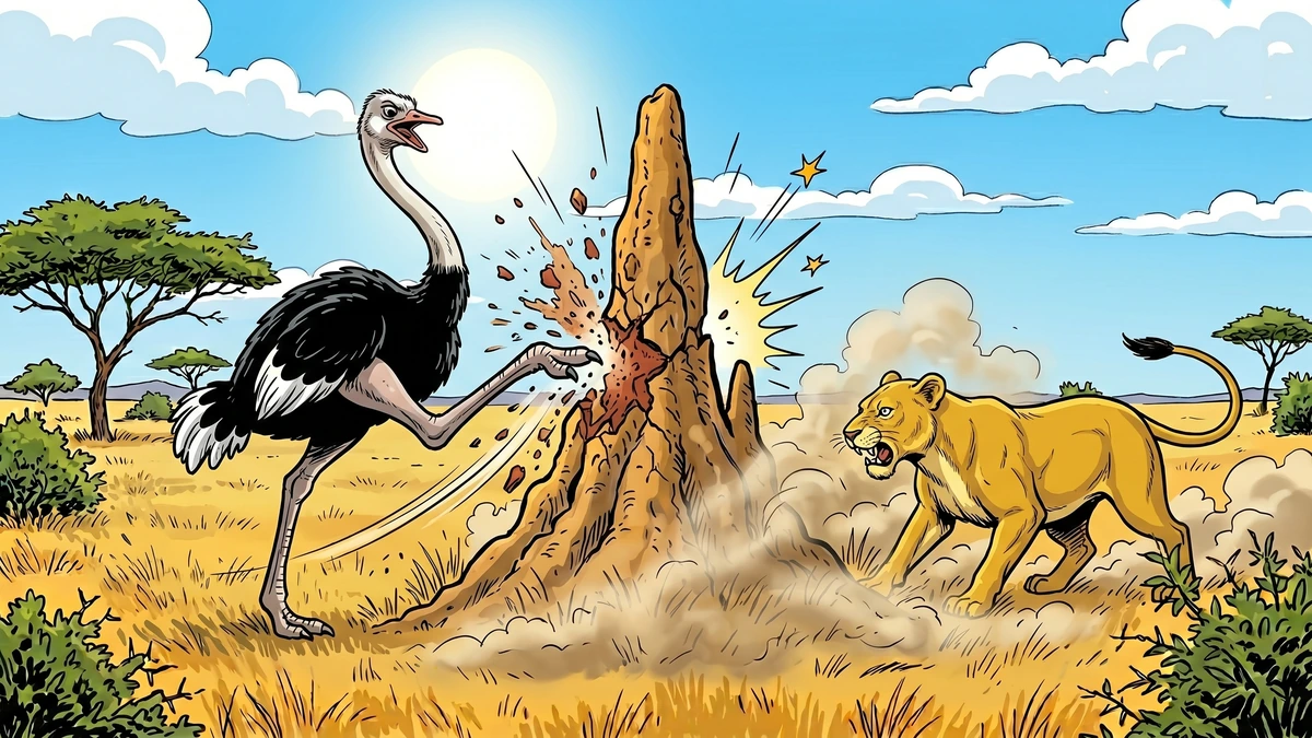 The ostrich kicking a tall termite ant-hill and sending earth flying toward the crouching lioness in a dramatic duel