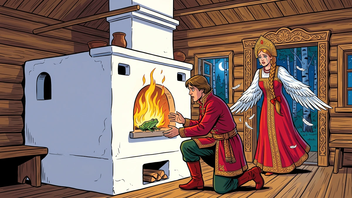 Ivan kneeling at the Russian pechka stove casts the small green frog-skin into the flames as Vasilisa with great white swan wings appears behind him, Russian folk tale ACK illustration