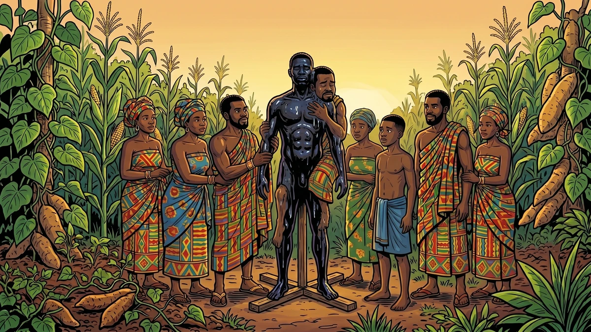 At dawn Anansi is caught stuck fast to the rubber-man, shamed before his son and the Akan villagers