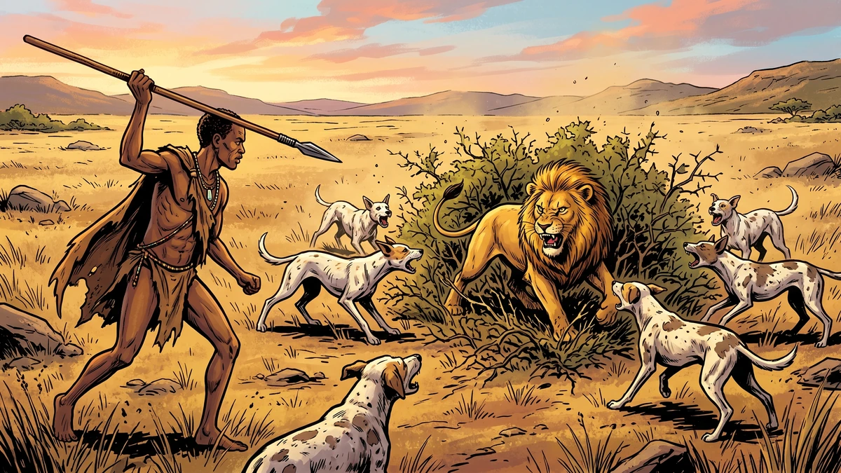 At Aroxaams the Khoikhoi hunter and his white dogs ring the cornered lion in the thornbush scrub.