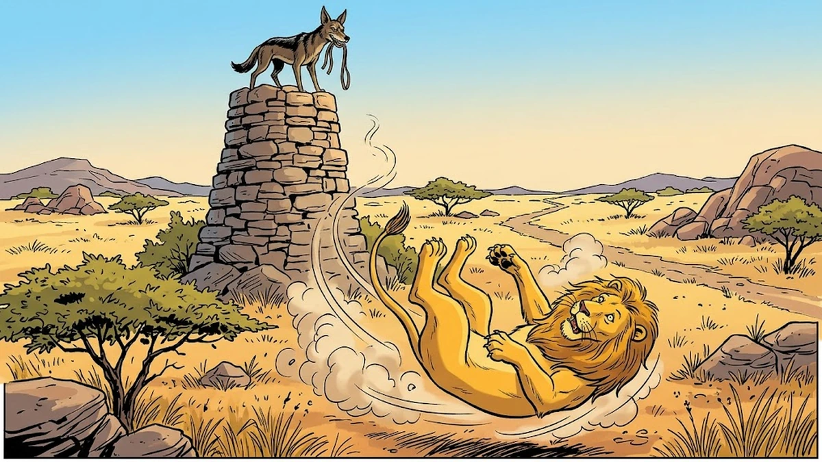 The jackal on his stone tower cuts the thong and the lion falls to the veld below