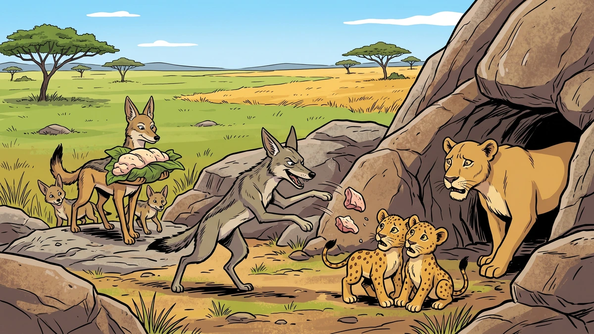 A jeering jackal pelts two frightened lion cubs with lungs while the lioness watches and his own family waits with stolen fat