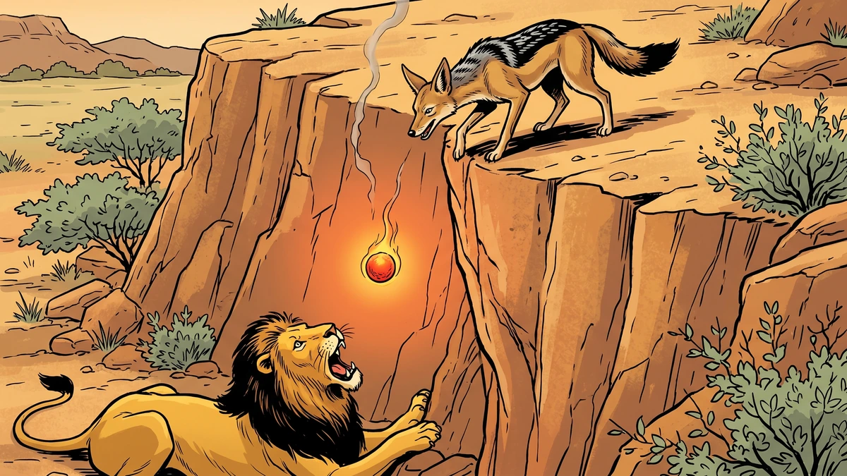 ACK-style illustration of a jackal dropping a glowing red-hot ball of fat toward a lion below a cliff