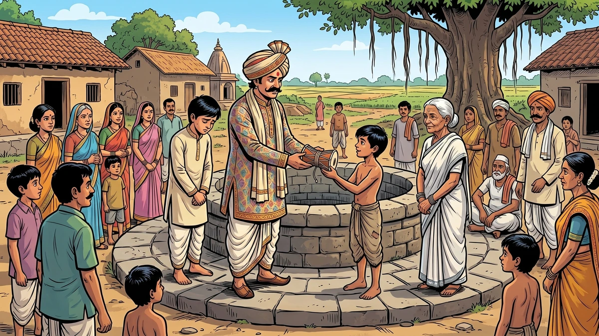 Village headman Bhojraj formally returns the magic drum to Dhruva at the village well before watching villagers