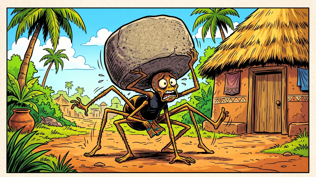 Anansi the spider staggering crushed under the magic grinding-stone stuck fast to his head, Akan folk tale, vibrant ACK style