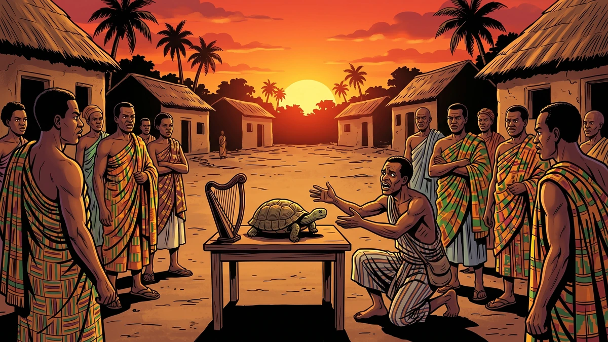 The silent tortoise on a table before the village assembly at sunset as the hunter pleads in vain, West African folk tale, vibrant ACK style