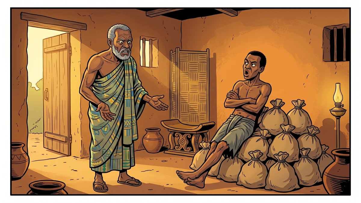 The cheated village wise man stands empty-handed and dismayed as the smug thief lounges beside his pile of stolen money bags