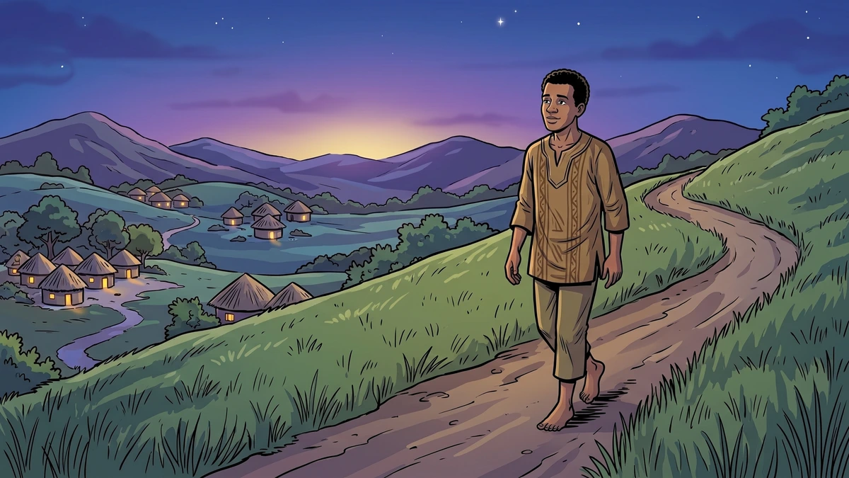 The young seeker walks home down the hillside at dusk, thoughtful, the village glowing below, ACK-style folk-tale illustration.