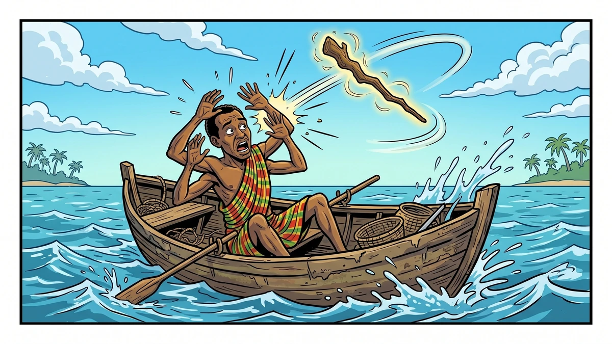 An enchanted stick beats Anansi in his boat as punishment for his greed in the West African folk tale Thunder and Anansi.
