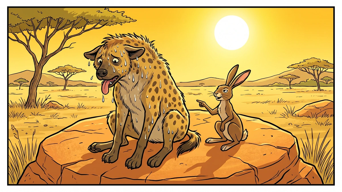 The hyena sweats on a sun-baked rock while the cool, dry hare points an accusing paw under the blazing noon sun