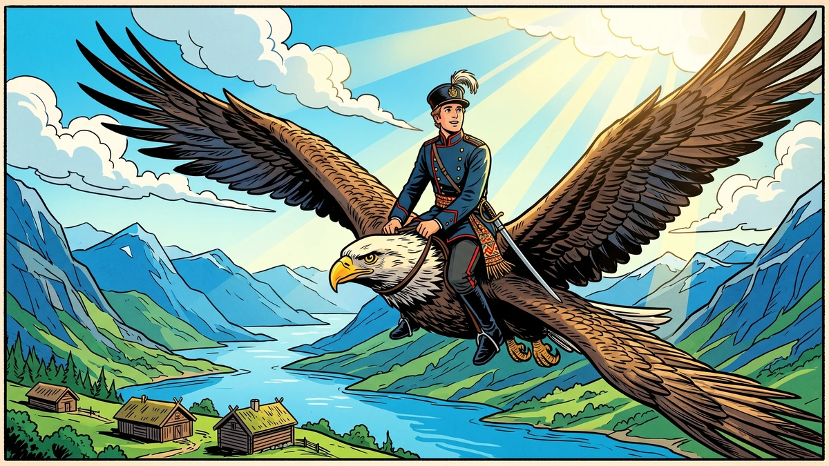 The hero carried up to daylight on the back of a great eagle, the Blue Mountain and Norwegian fjord far below - Norwegian wonder-tale, ACK style