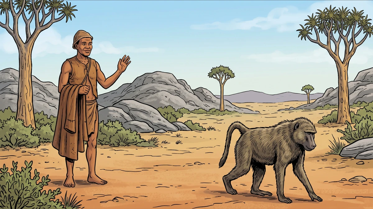 His judgment delivered, Baboon walks away on all fours across the veld while Itkler the tailor, satisfied at last, raises a hand in thanks.