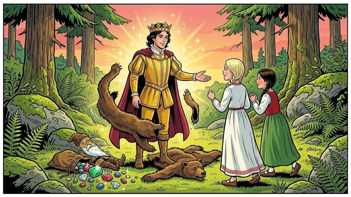The bear-skin falls away and the enchanted prince stands revealed at sunset beside the defeated dwarf and the stolen jewels, KHM 161, Amar Chitra Katha style illustration