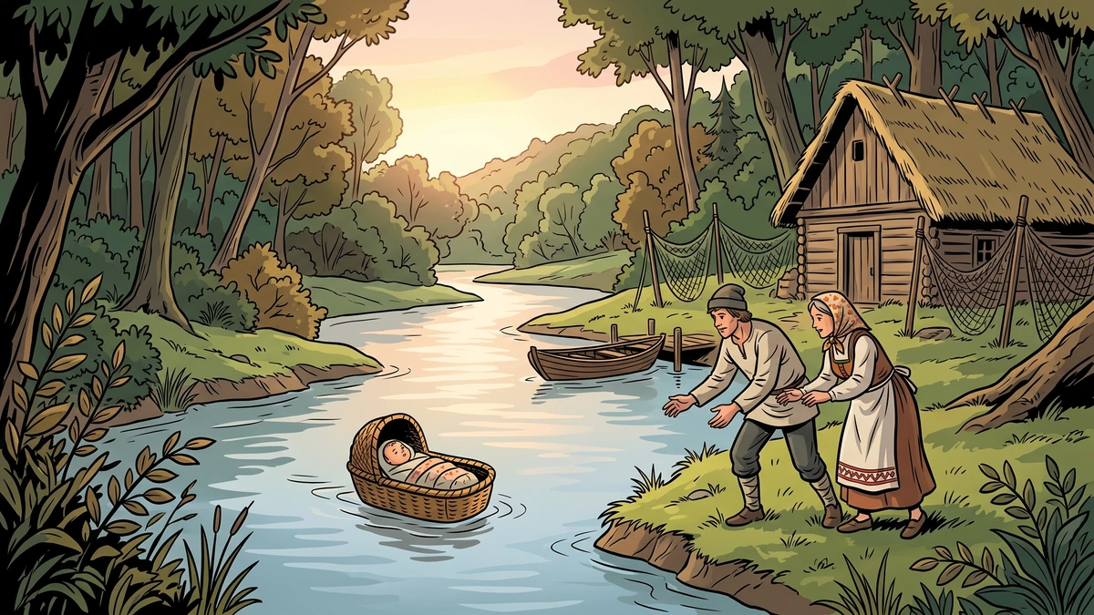 Jan as a baby set adrift in a wicker basket and found by the fisherman couple - Czech folk tale illustration, vibrant ACK style