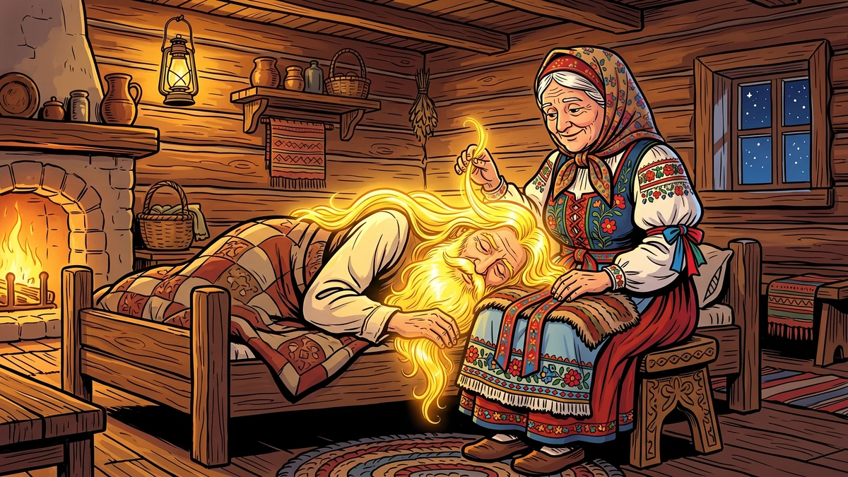 Grandfather Know-All asleep as the old woman plucks a golden hair - Czech folk tale illustration, vibrant ACK style