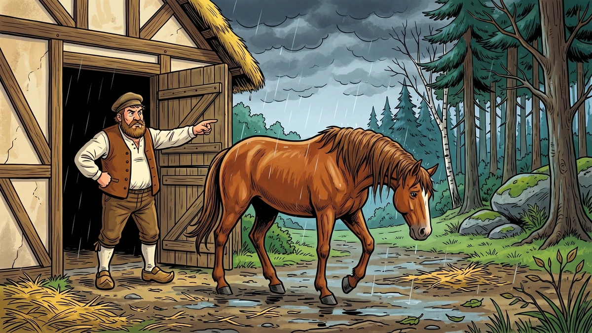 The Fox and the Horse scene 1 - German farmer dismisses old chestnut horse from Mecklenburg stable
