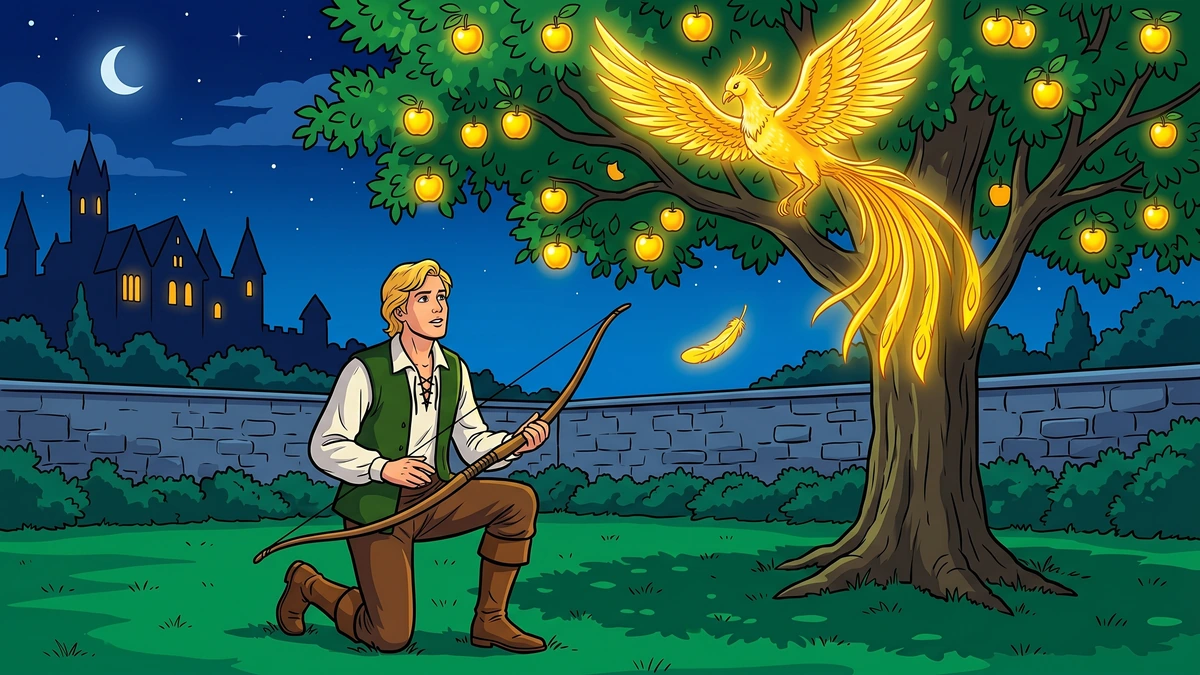 The Golden Bird scene 1 - young blond German prince in peasant tunic kneels in moonlit royal garden as golden bird hovers over apple tree (Grimm KHM 57)