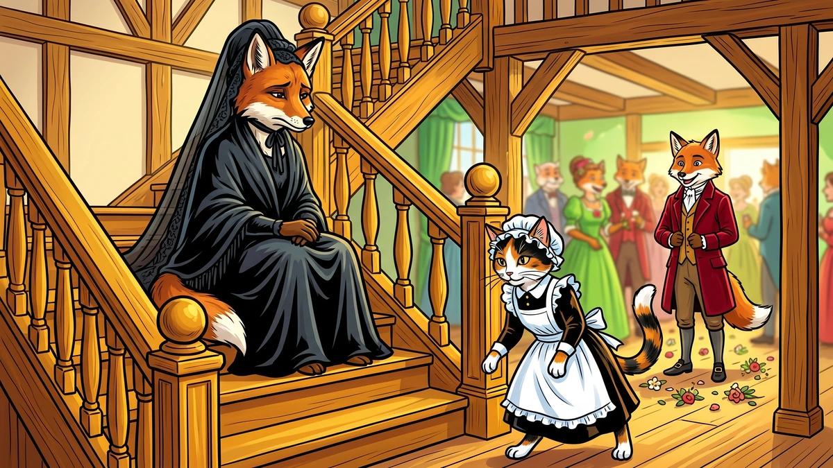 Mrs Fox the widow weeps upstairs while the calico cat-servant stirs a copper pot of milk-and-bread in the Hessian kitchen below. Cross-section Hessian timbered cottage, ACK style.