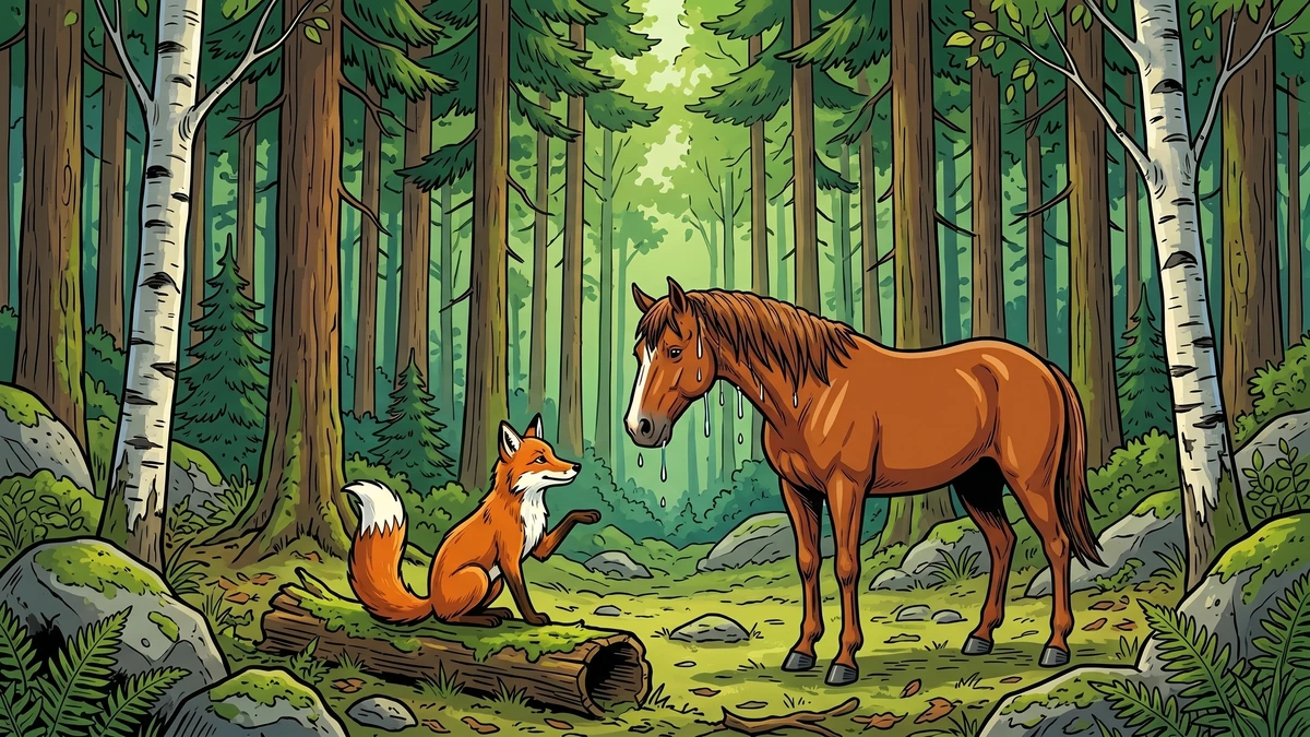The Fox and the Horse scene 2 - clever red fox advises sad chestnut horse in pine forest