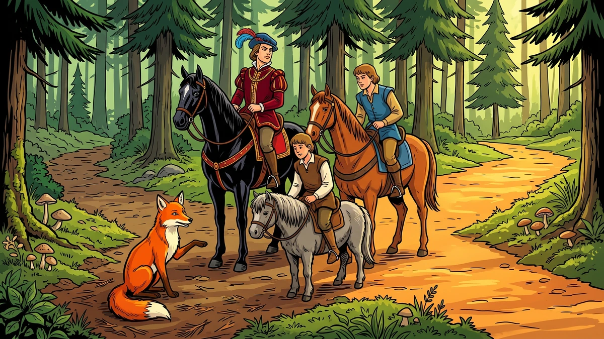 The Golden Bird scene 2 - three brothers on horseback at Hessian forest crossroads with cunning orange fox (Grimm Der goldene Vogel)