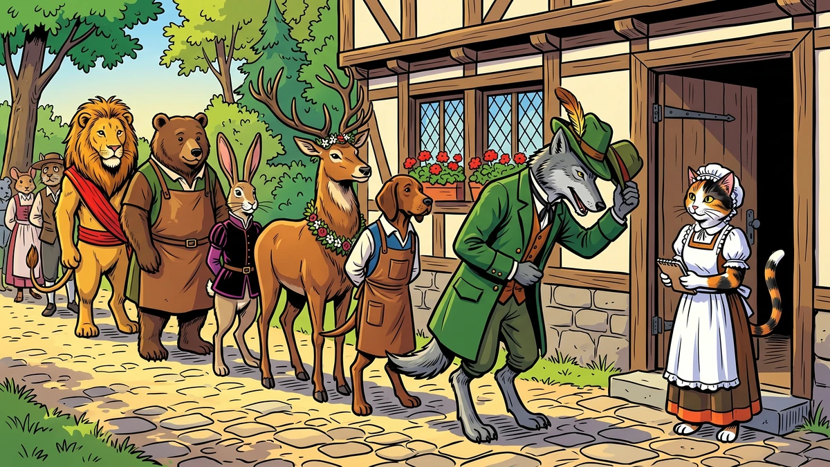 A long queue of forest animal suitors at the cottage door &mdash; wolf in green hunter&rsquo;s coat, hound, antlered stag, hare, bear, lion &mdash; interviewed by the calico cat-servant. ACK style.