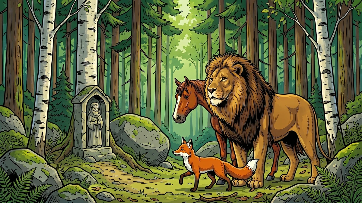 The Fox and the Horse scene 3 - fox ties rope around lion's tail near rocky den